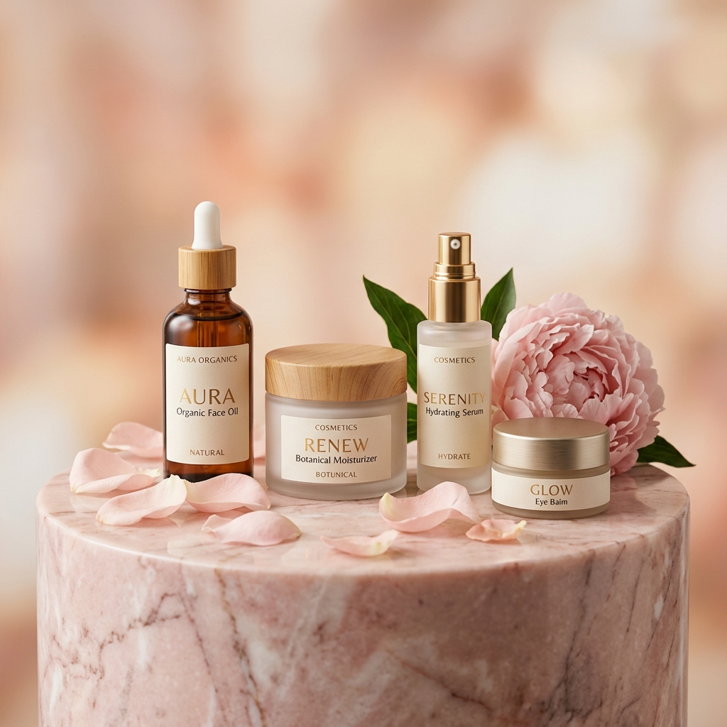Blush luxury organic skincare containers on elegant marble pedestal